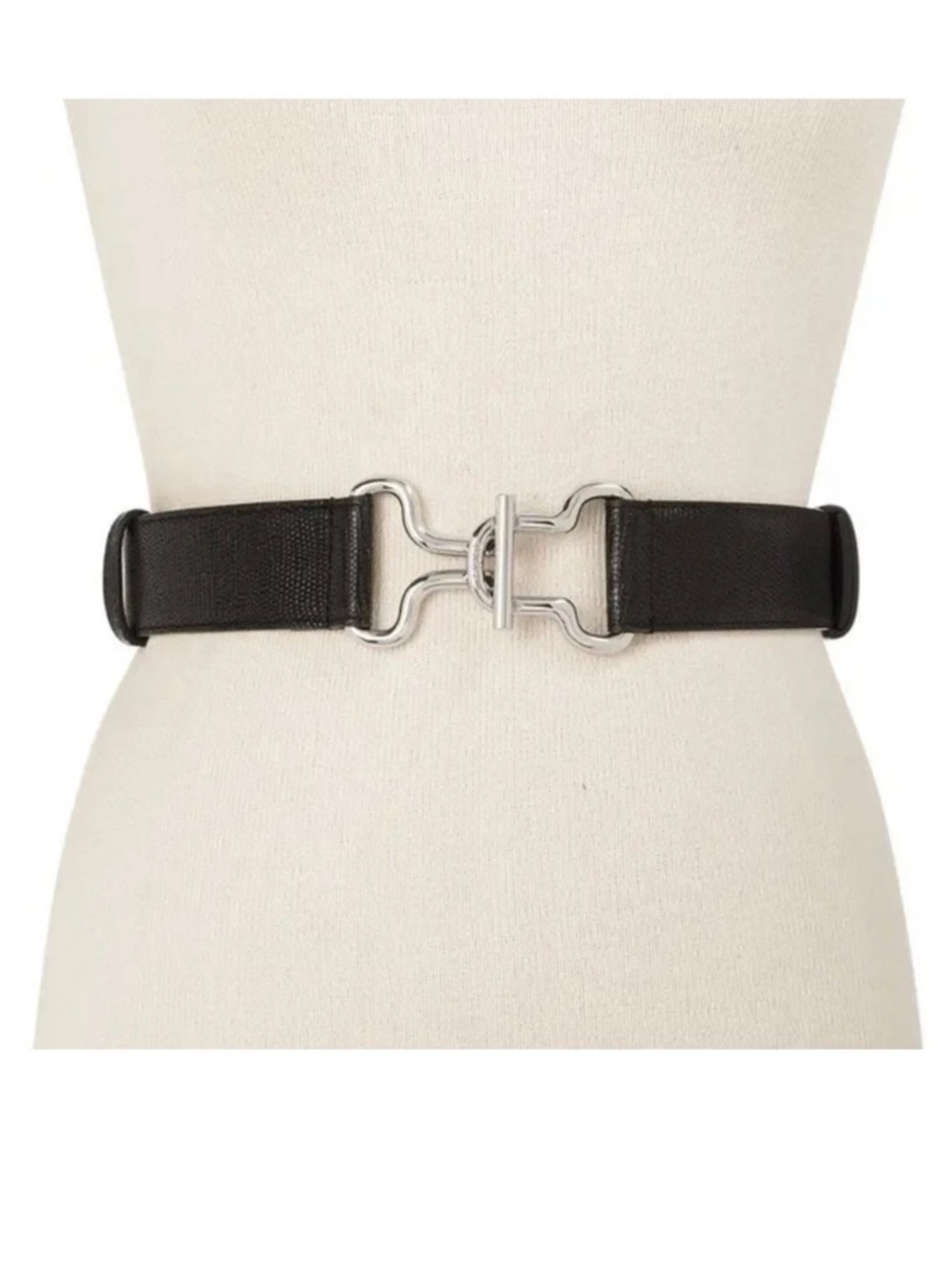 DKNY Black Pebbled Leather Belt Adjustable with Silver Horsebit Lock OS
